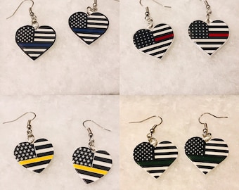 First Responders Earrings (thin blue line, thin red line, thin yellow line, thin green line, support our firefighters, support the police)