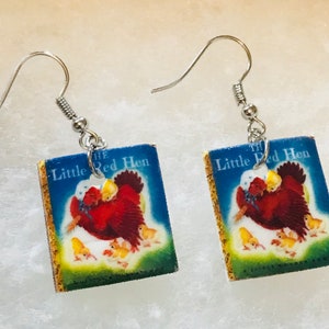 Little red hen book inspired miniature earrings (children&#39;s book, book worm, teacher gift, reading)