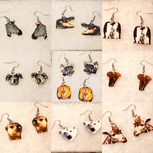 Wild animals earrings (zoo earrings, africa animal earrings, animal jewelry, lions, bears, alligators, meerkat, giraffe, penguin, elephant)