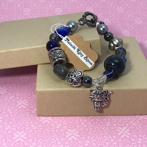 Otis &quot;Fluffy&quot; Cat Bracelet (blue and gray beaded bracelet with cartoon cat charm)