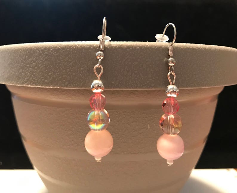 Pink earrings pink and silver earrings, dainty earrings image 1