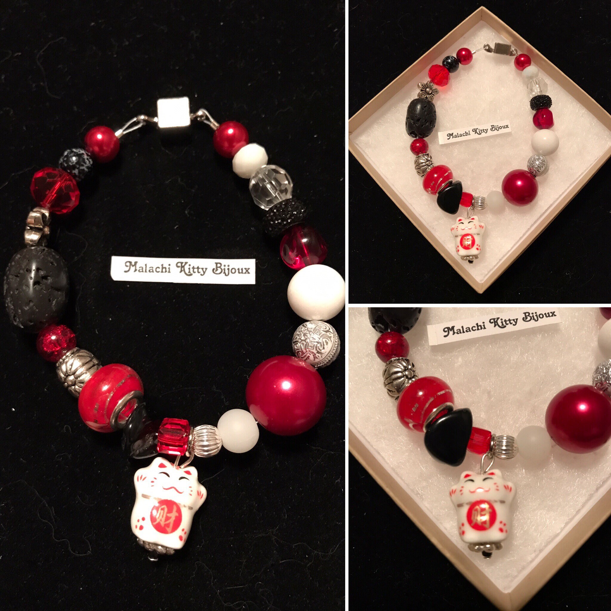 Chinese Lucky Cat Bracelet red Black and Silver With Cat Etsy