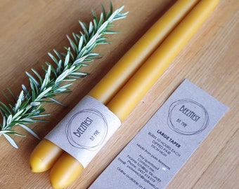 Large Beeswax Taper, Hand-dipped,  25cm high, Ø 22mm, Made to order! Burning time 10 hours, Comes in pairs, 100% Pure Australian Beeswax