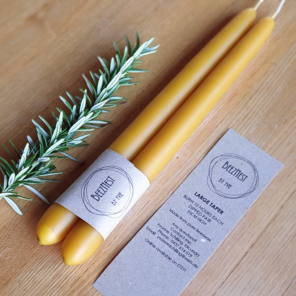 Large Beeswax Taper, Hand-dipped,  25cm high, Ø 22mm, Made to order! Burning time 10 hours, Comes in pairs, 100% Pure Australian Beeswax