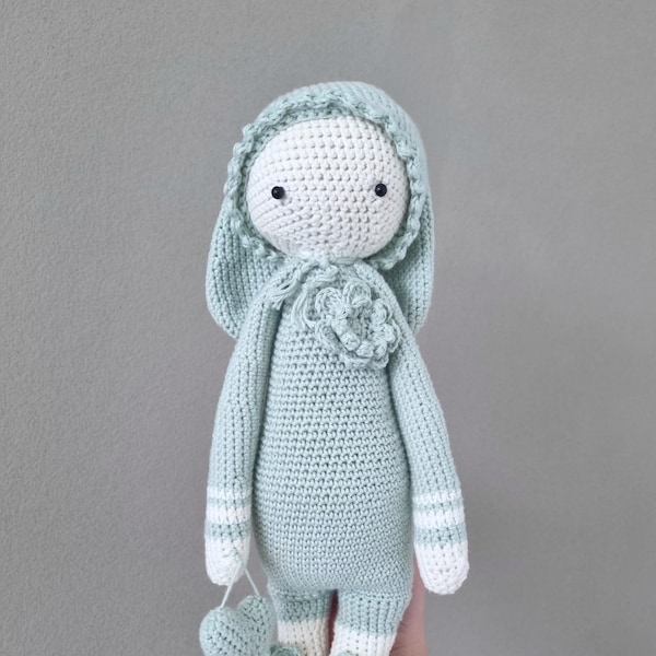 Rita the Rabbit, Lalylala, mint green, white, cuddly toy, heart, rosette, bows, crocheted, crochet doll, handmade