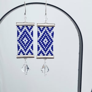 Handwoven earrings of blue and white seed beads and transparent Swarovski crystals, diamond pattern, handmade, long earrings