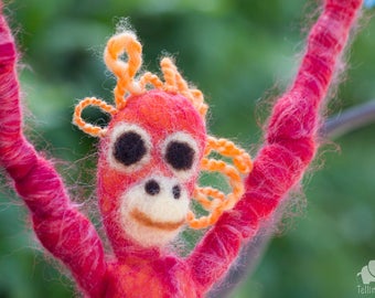 Felted orangutan -Chilli. Puppet, Marionette. Felt toy. Art Toy. Felted Animal. red, orange. MADE TO ORDER