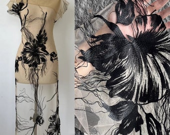 Black Floral Embroidered Lace Fabric: Apricot Tulle for Bridal & Evening Gowns