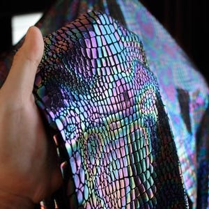 Reflective Rainbow Ombre Fabric,Crocodile Pattern Laser Designer Fabric for Trench Coat,Party Dess,Costume,Cosplay Fashion Show Stage Cloth