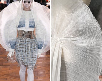 59'' Width White Pleated Fabric,Shinny Stiff Mesh Fabric,Fashion Design Fabric,Stage Costume,Prom Dress DIY Supplies,Wedding Dress Fabric