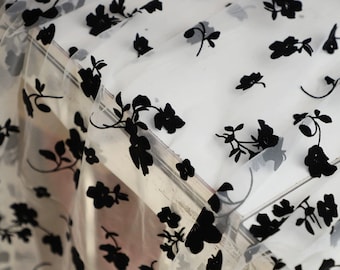 Black Flower Flocking Embroidered Lace Fabric,Sheer Lace mesh fabric,design fabric for party,dress,skirt,Wedding Dress,Veil Fabric