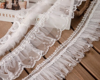 White Floral Embroidered Lace Trim: Bridal Wedding Ribbon