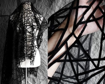 Black Geometry Mesh Fabric,Flocked Design Lace Dress Fabric,Wedding Lace,Bridal Dress Fabric,Goth Dress Fabric 59&#39;&#39; Width