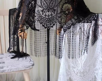 Black Floral Embroidery Lace Fabric with Tassels, 51'' Wide