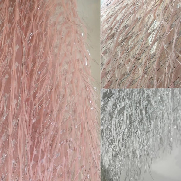 Sliver/Pink Metallic Feather Lace Fabric,Shimmer feather fabric for Apparel Costume,haute couture dress,Design Fabric