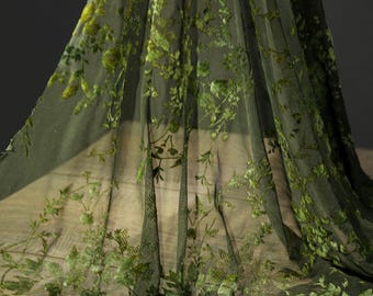 Green Leaf Flocking Embroidered lace,Sheer Lace mesh fabric for Haute Couture,Ball Gown,Wedding Dress
