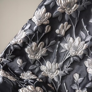 Black Jacquard fabric,3D Magnolia Floral Embossed fabric,Fashion Haute Couture Clothing Fabric,Suit dress fabric,Designer Fabric