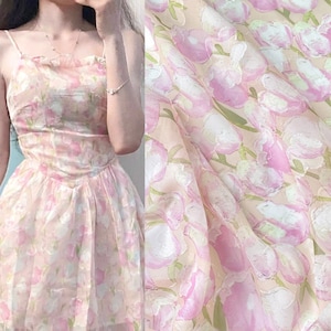 Pink Tulip Floral Chiffon Fabric,Semi Transparent Soft Summer Dress Fabric,Wedding Dress,Gown Dress fabric