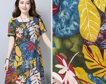 Leaf Print Linen Cotton Fabric,Soft Feeling Fabric,Thin fabric,Comfortable Dress Fabric,Clothing fabric