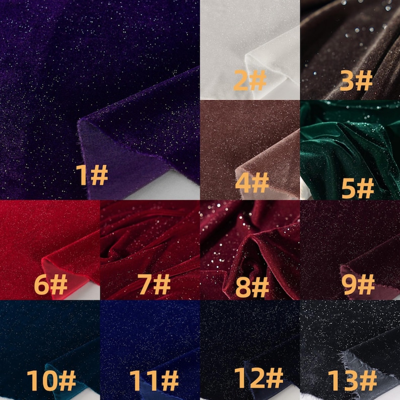 May include: A swatch card displaying 13 different colours of sparkly velvet fabric. The colours include purple, white, brown, green, red, burgundy, navy blue, and black.