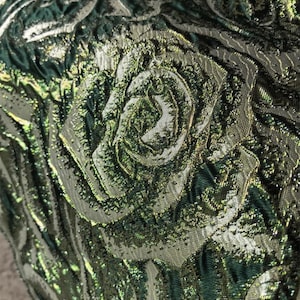 Glossy Green Floral Jacquard Fabric,3D Rose Embossed fabric,Fashion Haute Couture Clothing Fabric,Suit dress fabric,Designer Fabric