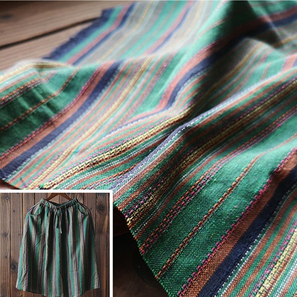 Green stripe linen fabric vintage linen cotton blend fabric soft cotton fabric dress fabric