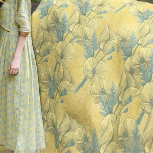 Blumen Ramie Stoff,gelbes Leinen,leichtes Sommerkleid Stoff,Handarbeit um halb Meter
