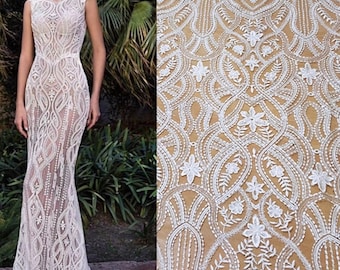 White Mesh lace fabric,embroidered floral sequins lace,soft tulle lace fabric,craft by yard