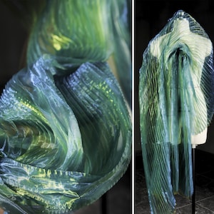 Green Organza fabric,Wrinkle Fabric,Pleated Fabric,Sheer Fabric,Fashion Design Fabric image 1