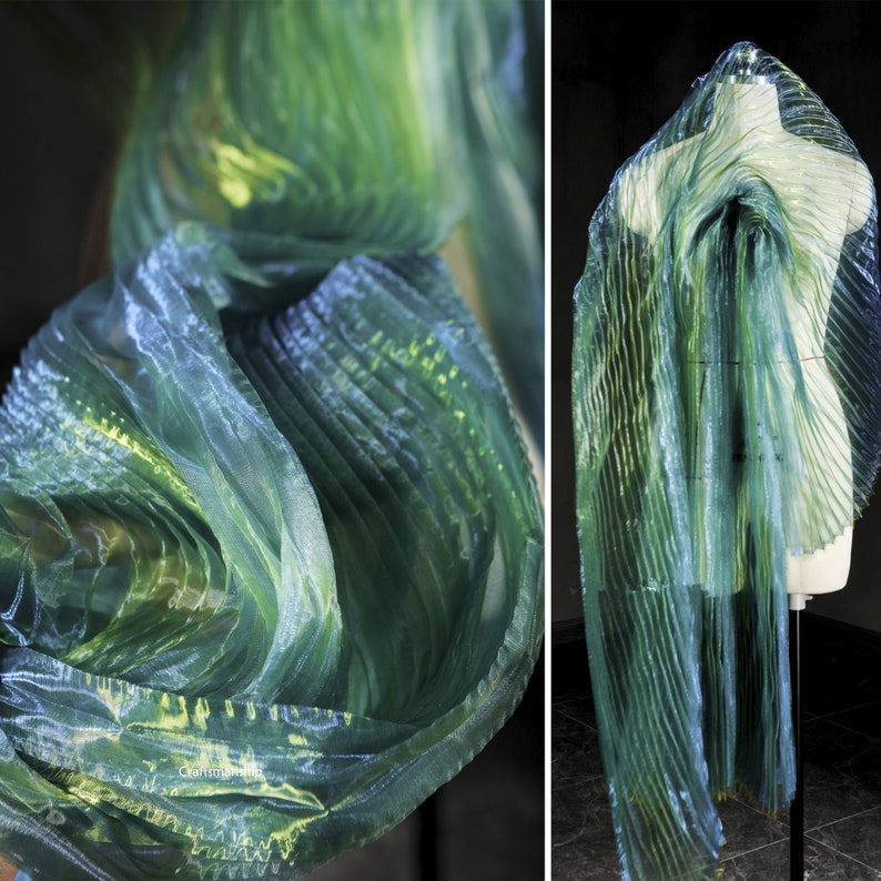 Green Organza fabric,Wrinkle Fabric,Pleated Fabric,Sheer Fabric,Fashion Design Fabric image 1