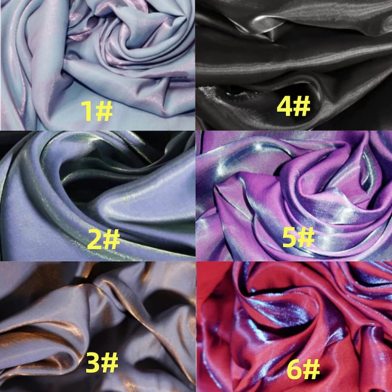 May include: Six different swatches of iridescent fabric in various colors, including light blue, purple, and red. Each swatch is labeled with a number from 1 to 6.