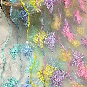 Bordure en dentelle brodée papillon paillettes, tissu en résille doux, décoration de fête, tissu en dentelle de mariée, tissu de mariage, largeur 19,7 po.