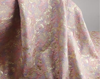 Pink Gold Floral Jacquard Fabric: 3D Embossed Brocade