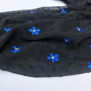 Blue flower embroidered fabric,chiffon fabric with small dots,dress fabric,party decor,craft by half yard