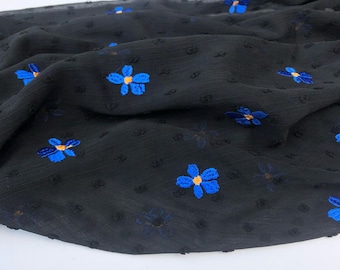 Blue Flower Embroidered Chiffon Fabric, Dot Mesh, Dress Fabric, By Half Yard