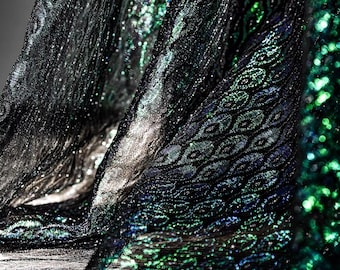 Luxury Black Green Laser Mesh Fabric,Peacock Feather Lace Fabric for Gown Dress,Designer Fabric,Dance Costume,Doll Making