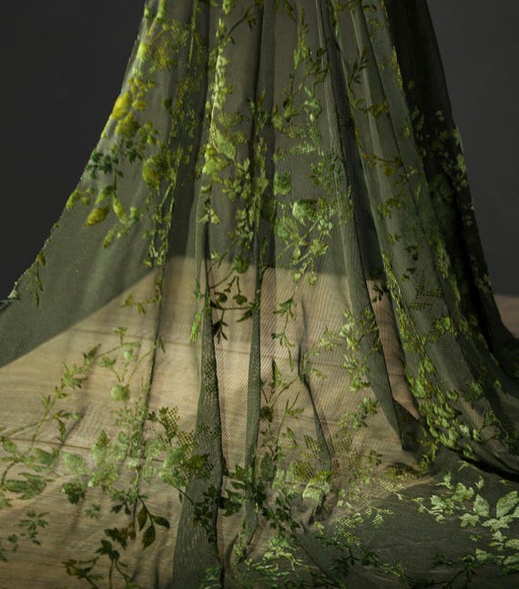 Green Leaf Flocking Embroidered lace,Sheer Lace mesh fabric for Haute Couture,Ball Gown,Wedding Dress
