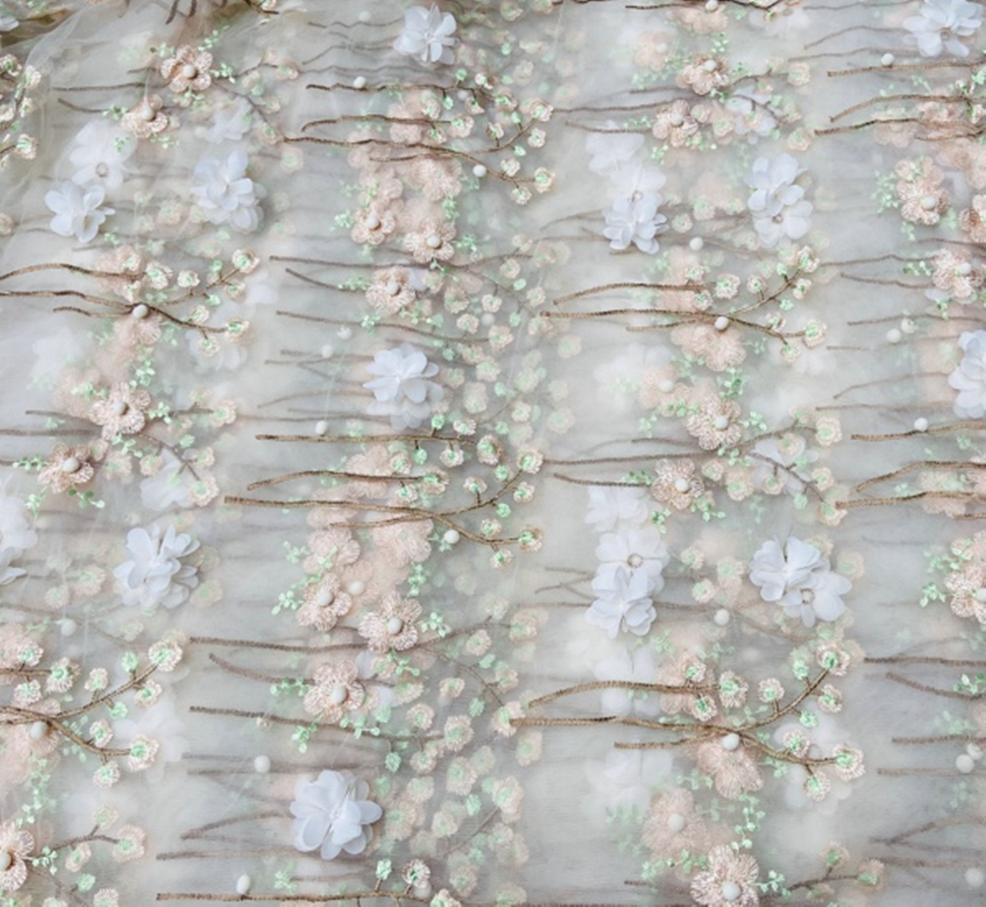 Vibrant 3D Embroidered Floral Cord Lace with Layered Texture and Open Mesh Design