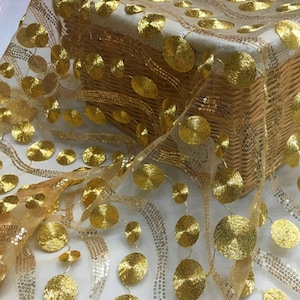 Gold Thread with Sequins,Mesh lace fabric,embroidered lace,Wedding fabric,craft by half yard