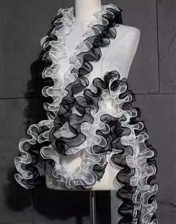 Black & White Ruffle Lace Trim: Pleated Multi-layer Fabric, 4-inch