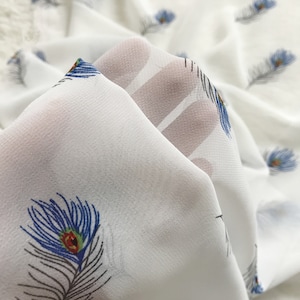 White chiffon with feather print,summer chiffon fabric,skirt,craft by Half Yard