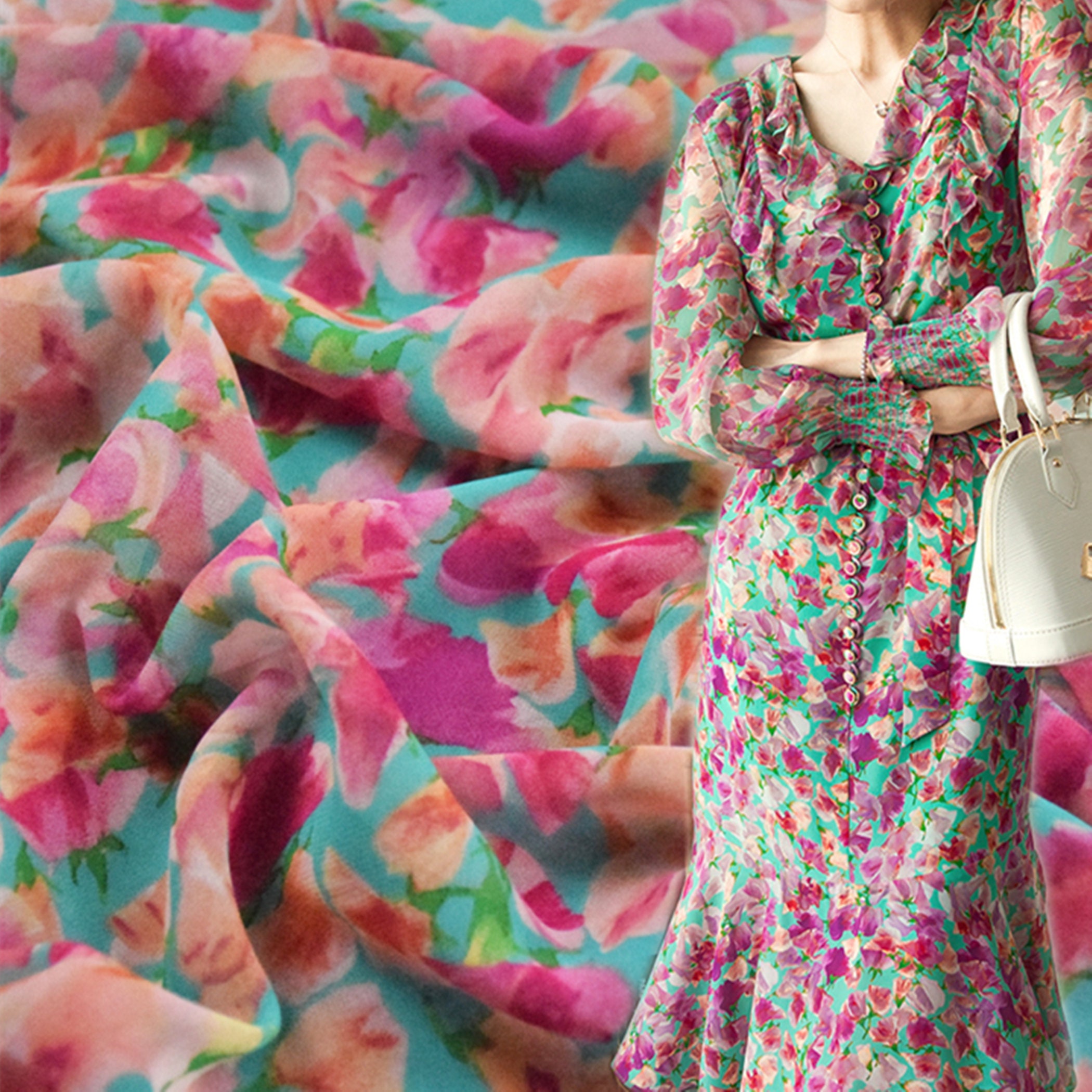 Brown Floral Digital Printed Chiffon Dress