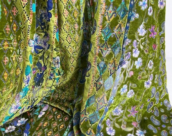 Green Flocked Design Fabric,Retro Floral Velvet Material or Wedding,Headband,Gown,Clothing Design