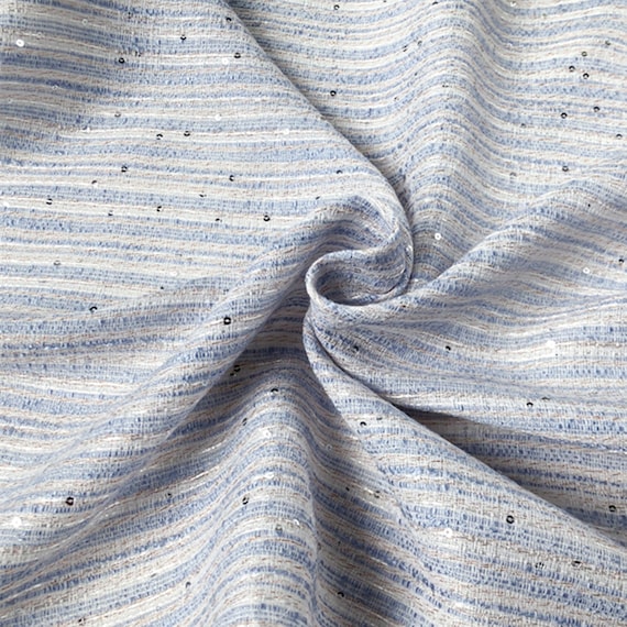 Blue Striped Knitted Fabric with Sequins: Cotton Polyester Blend By Half Yard