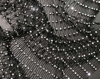 Encaje de cristal de lujo negro, tela de red elástica con diamantes de imitación, tela de malla brillante, tela dorada, tela para ropa