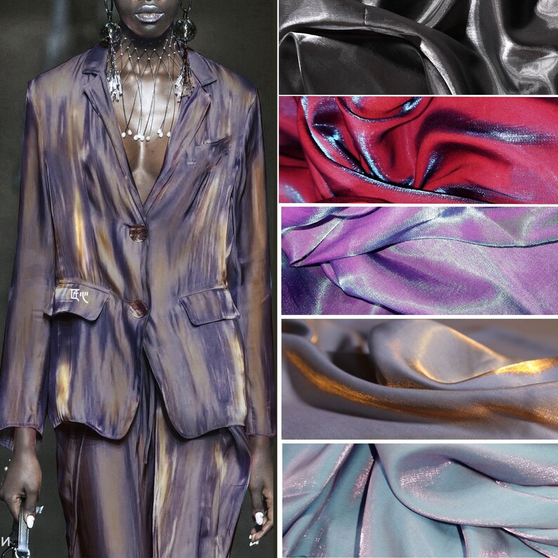 May include: A collection of fabric swatches in various colors and textures, including black, red, purple, gold, and blue. The fabrics have a shimmering, iridescent sheen.