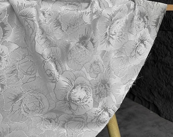 Silver Rose Jacquard Fabric,3D Embossed Brocade,Shimmer Textured Jacquard For Wedding Dress,Party Gown,Costumes,Couture