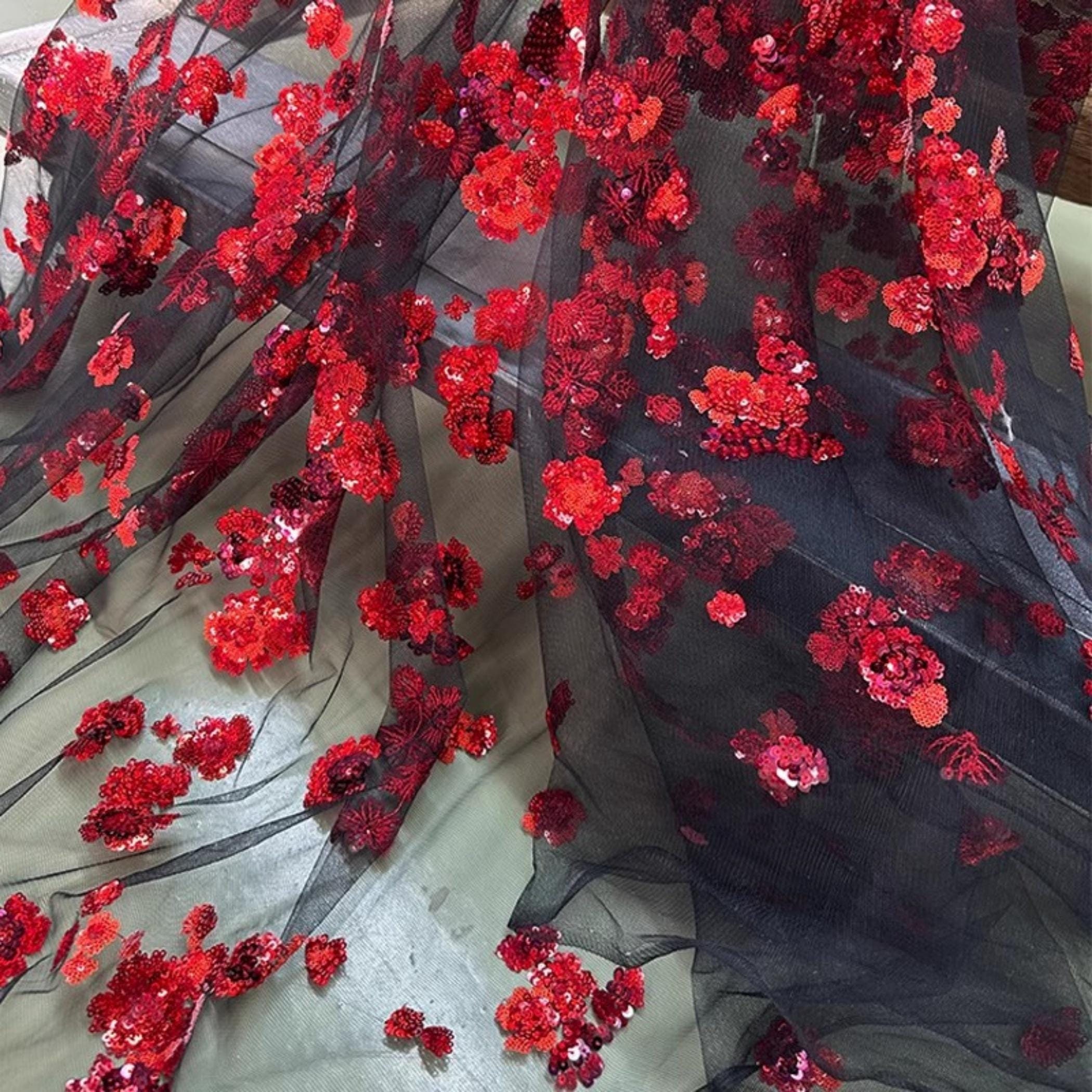 Luxury Red Sequined Embroidery Lace Fabric,Balck Mesh Fabric,Tulle Glitter Sequin Lace Fabric for Couture Dress,Evening stage gown