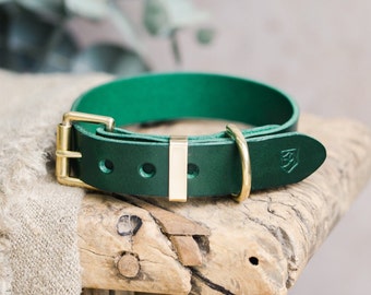 Green Leather Dog Collar, Engraved Dog Collar with Brass hardware, Personalized Dog Gift