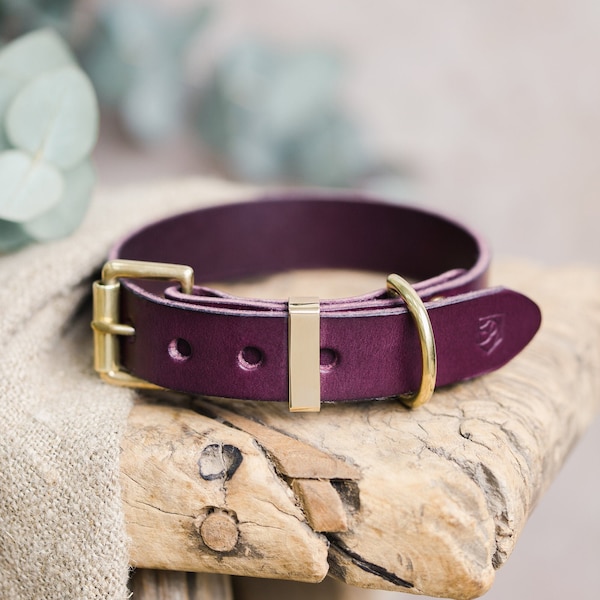 Purple Leather Dog Collar, Custom Personalized Puppy Dog Collar with Brass hardware, Dog Gifts for Christmas